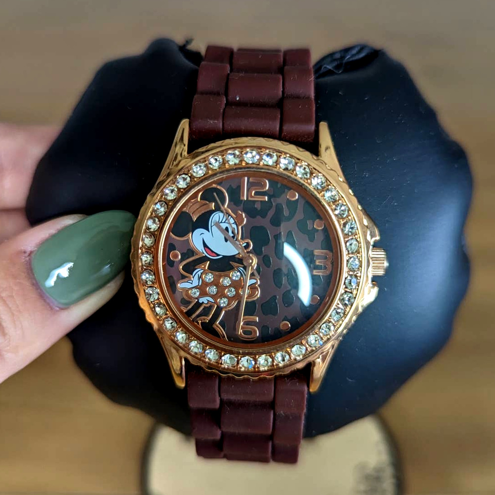 Disney Accutime Gold Minnie Mouse Rhinestone Watch Brown Silicone Band